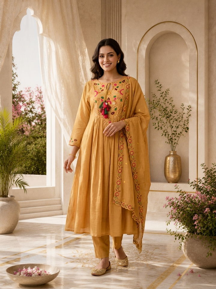 Mustard Pleated Design And Floral Thread Embroidery Chanderi Three Piece Set
