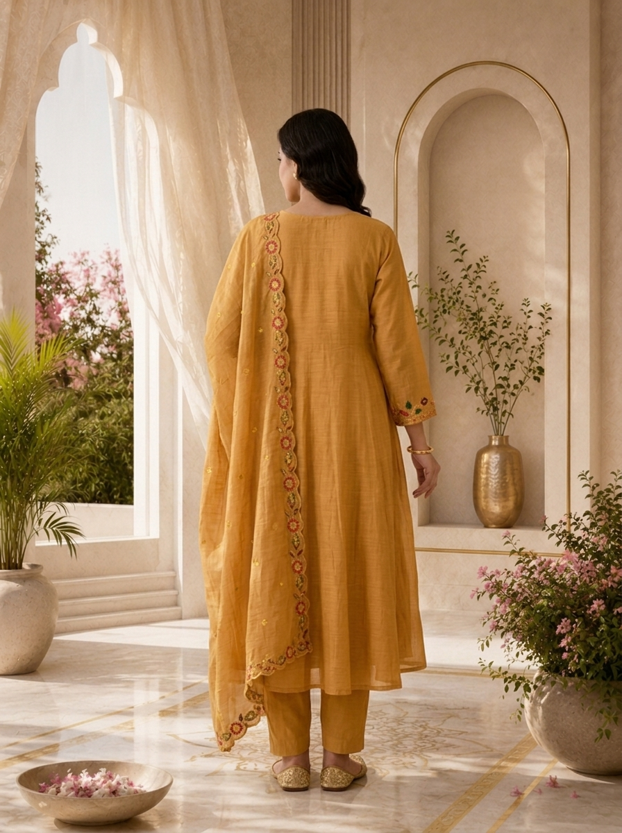 Mustard Pleated Design And Floral Thread Embroidery Chanderi Three Piece Set