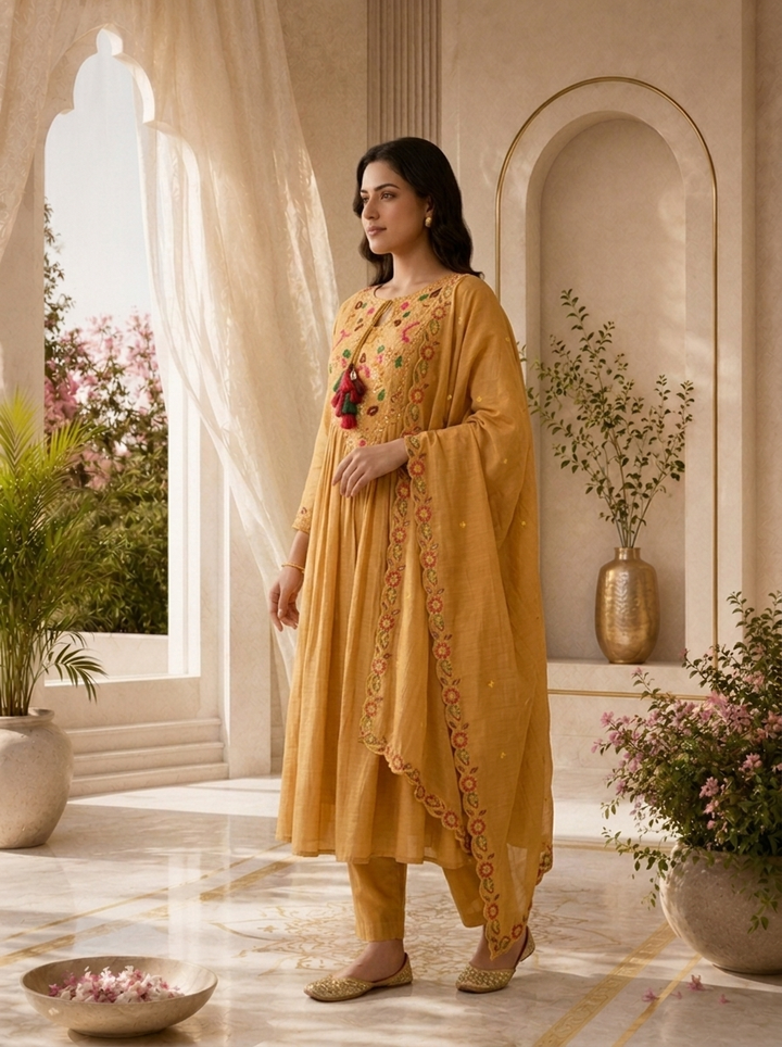 Mustard Pleated Design And Floral Thread Embroidery Chanderi Three Piece Set