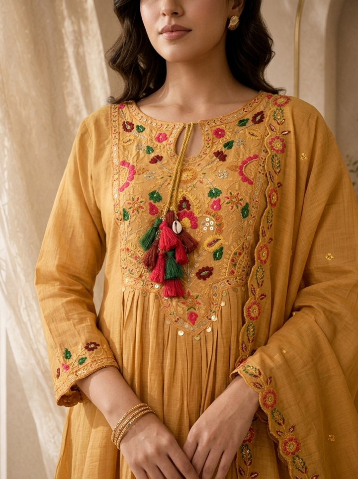 Mustard Pleated Design And Floral Thread Embroidery Chanderi Three Piece Set