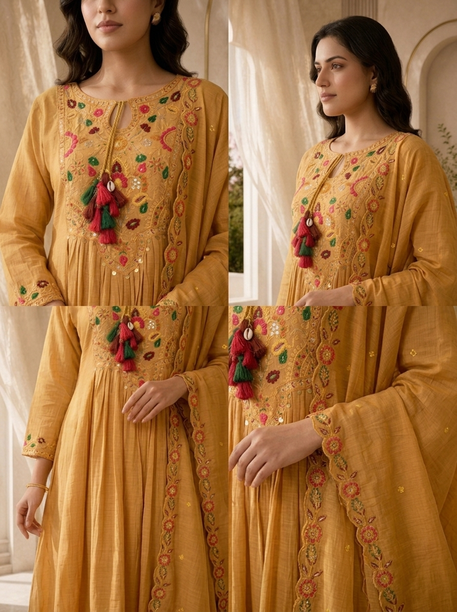 Mustard Pleated Design And Floral Thread Embroidery Chanderi Three Piece Set