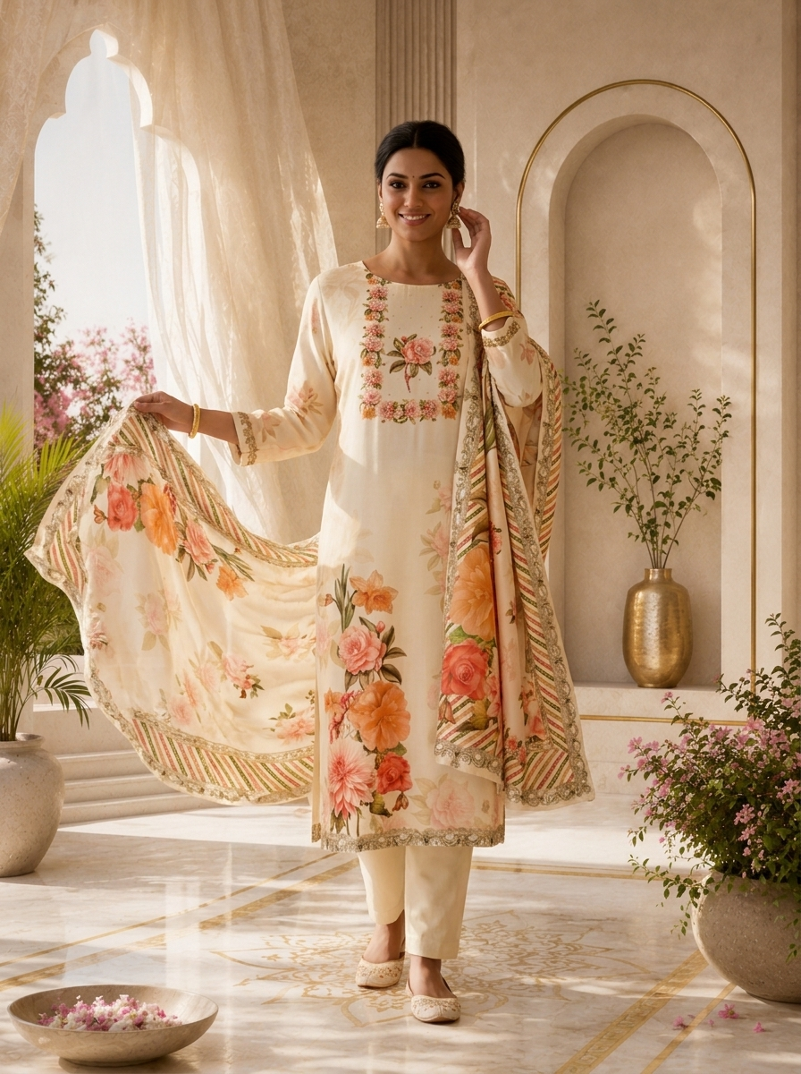 Cream Floral Digital Print Silk Three Piece Set