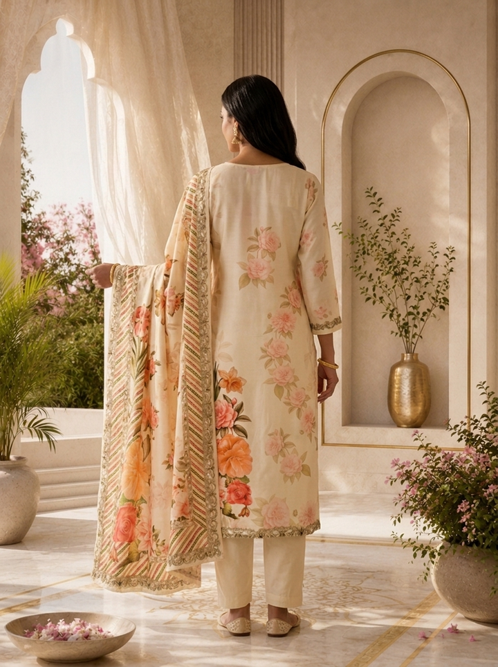 Cream Floral Digital Print Silk Three Piece Set