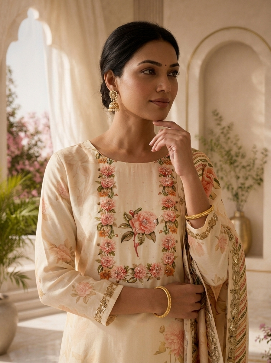 Cream Floral Digital Print Silk Three Piece Set