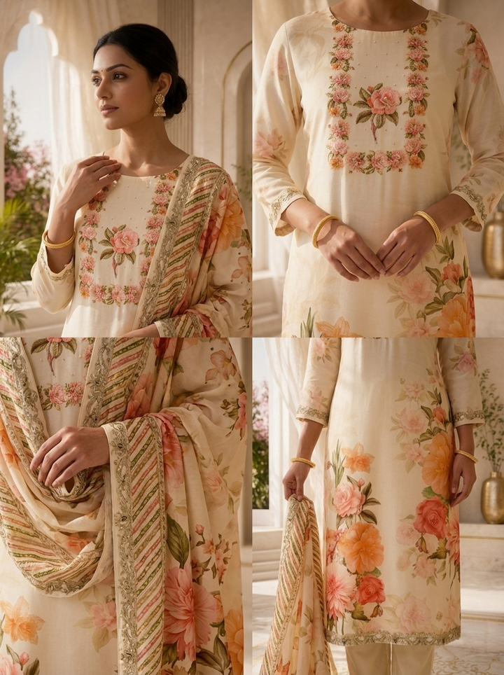 Cream Floral Digital Print Silk Three Piece Set
