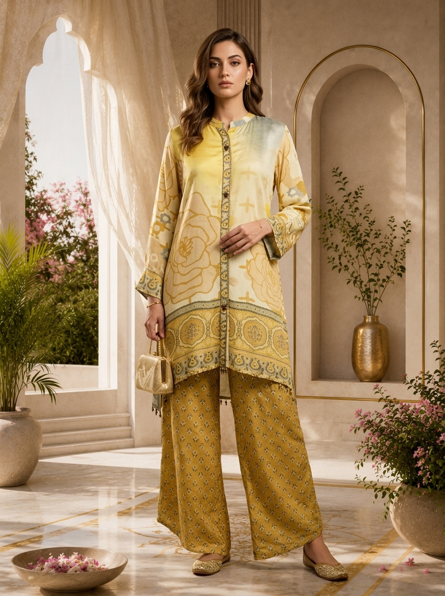 Yellow Crepe Floral Printed Co-ord Set