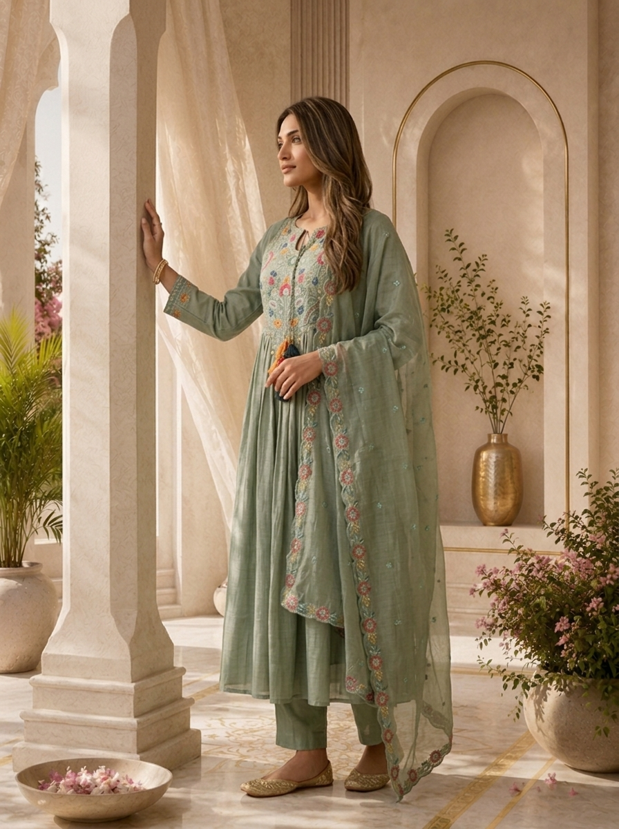 Green Pleated Design And Floral Thread Embroidery Chanderi Three Piece Set