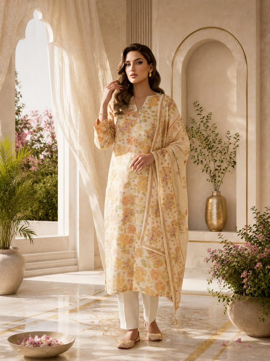 Lime Yellow Rayon Floral Printed Three Piece Set