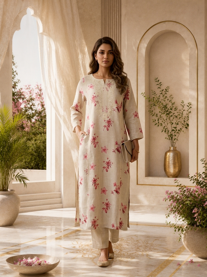 Beige Thread Embroidery And Printed Linen Two Piece Set