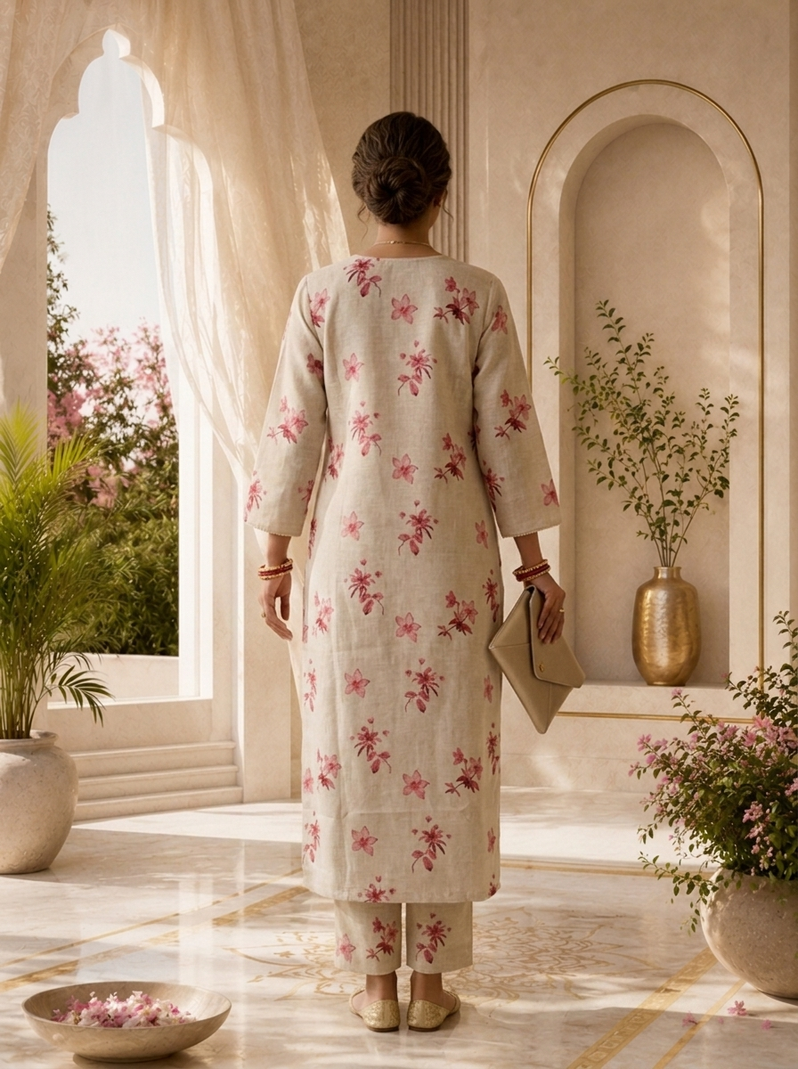 Beige Thread Embroidery And Printed Linen Two Piece Set