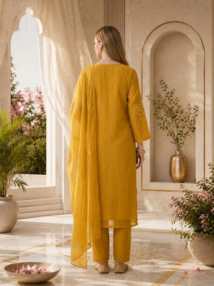 Mustard Beads And Thread Embroidery Chanderi Three Piece Set