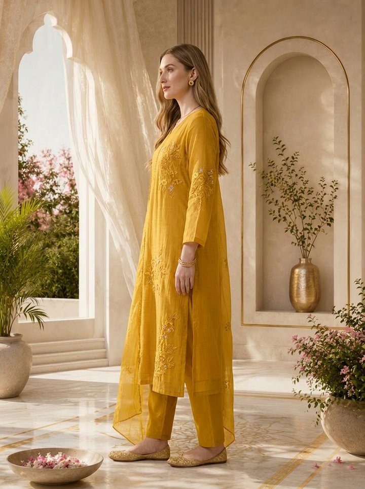 Mustard Beads And Thread Embroidery Chanderi Three Piece Set
