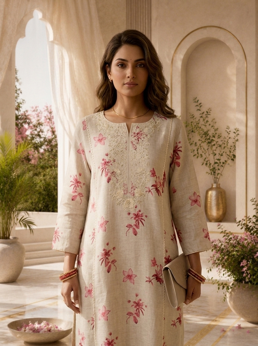 Beige Thread Embroidery And Printed Linen Two Piece Set
