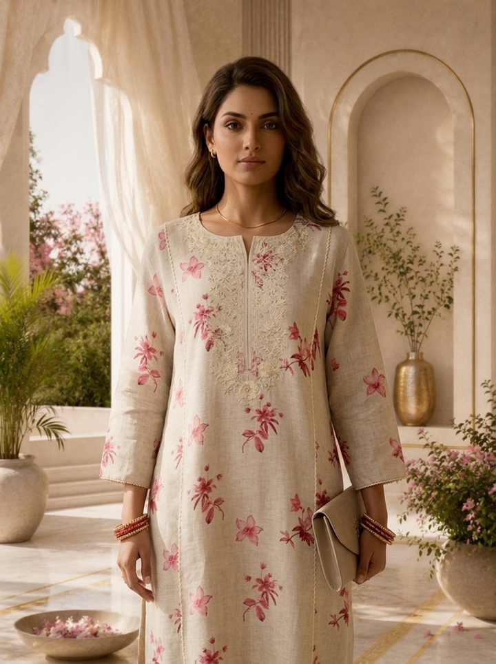Beige Thread Embroidery And Printed Linen Two Piece Set