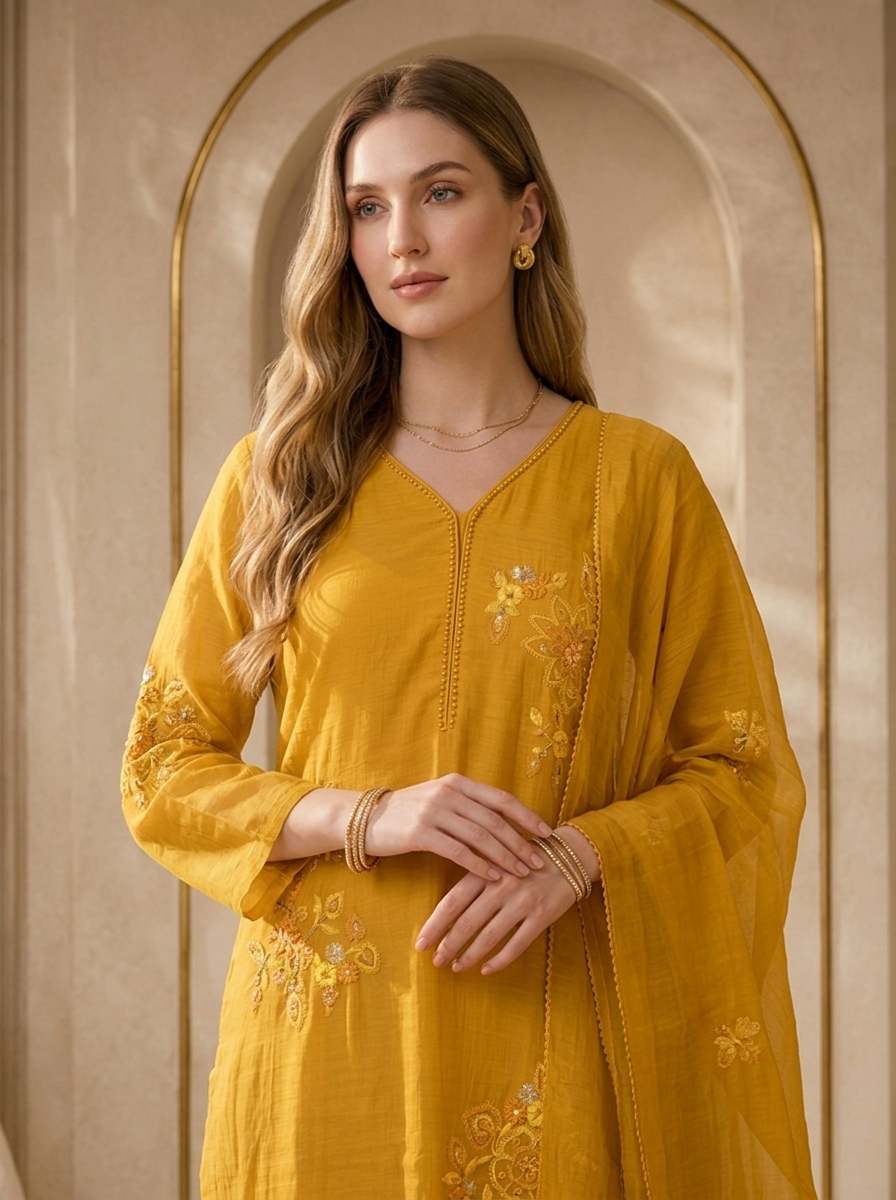 Mustard Beads And Thread Embroidery Chanderi Three Piece Set