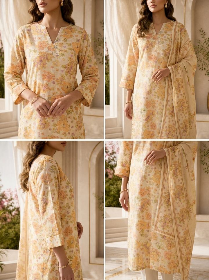 Lime Yellow Rayon Floral Printed Three Piece Set