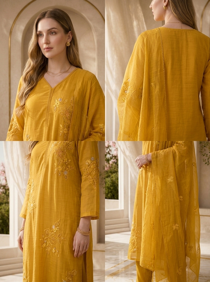Mustard Beads And Thread Embroidery Chanderi Three Piece Set
