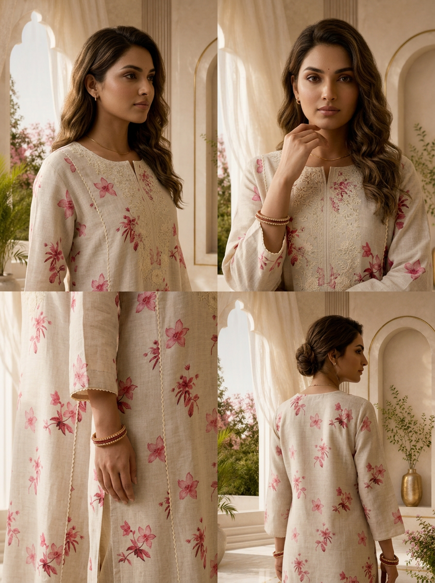 Beige Thread Embroidery And Printed Linen Two Piece Set