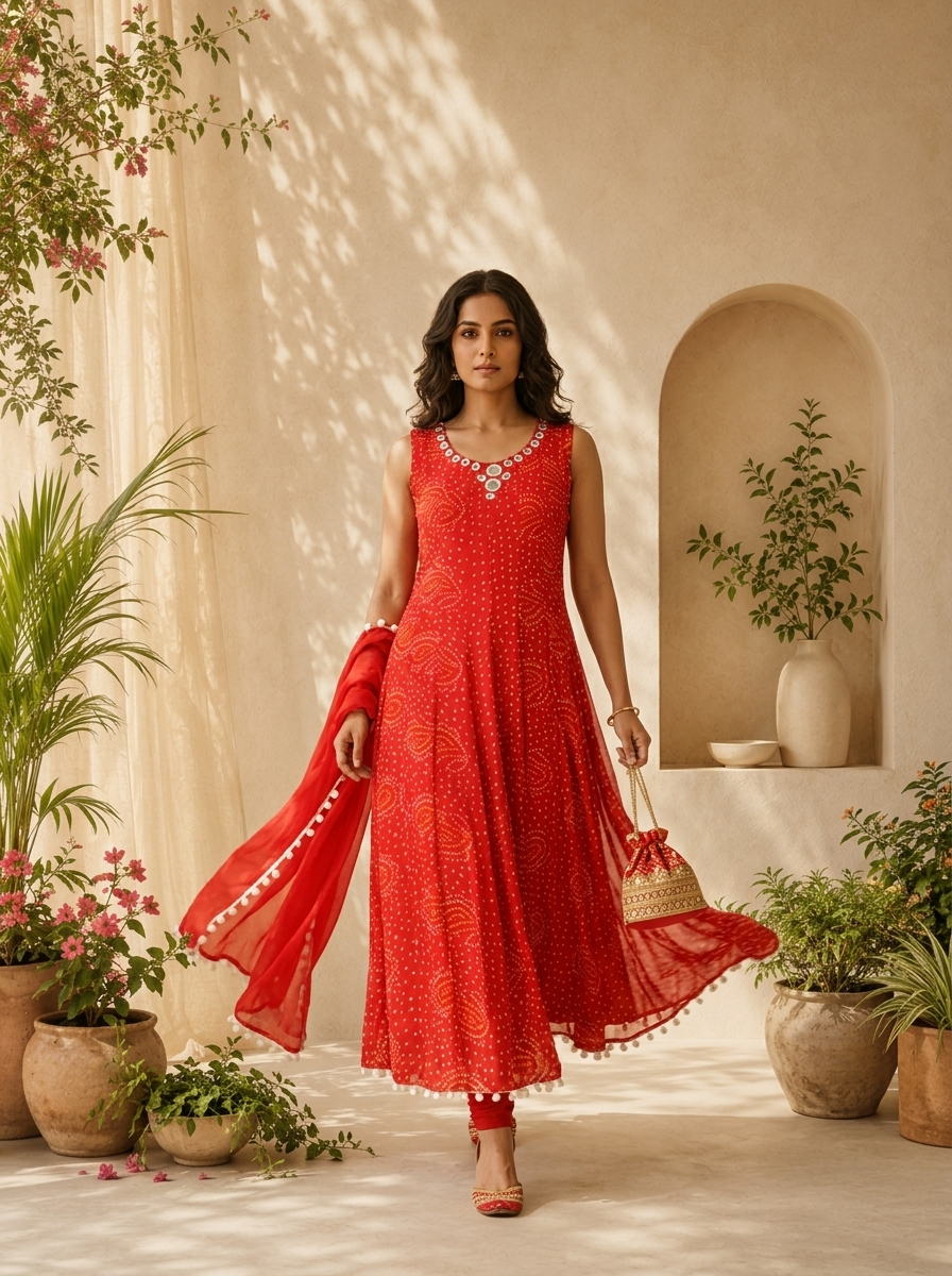 Red Georgette  Bandhani Printed And Mirror Embroidery Three Piece Set