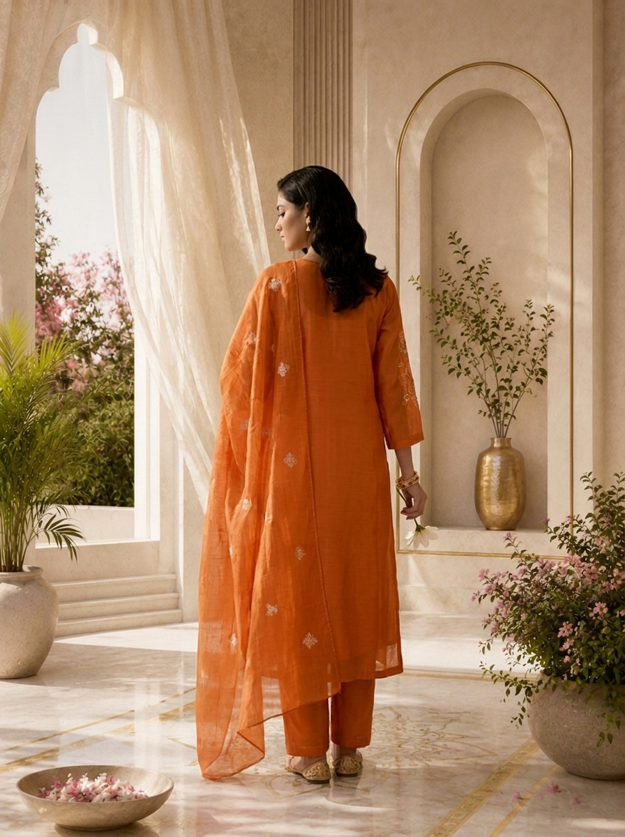 Orange Beads And Thread Embroidery Chanderi Three Piece Set