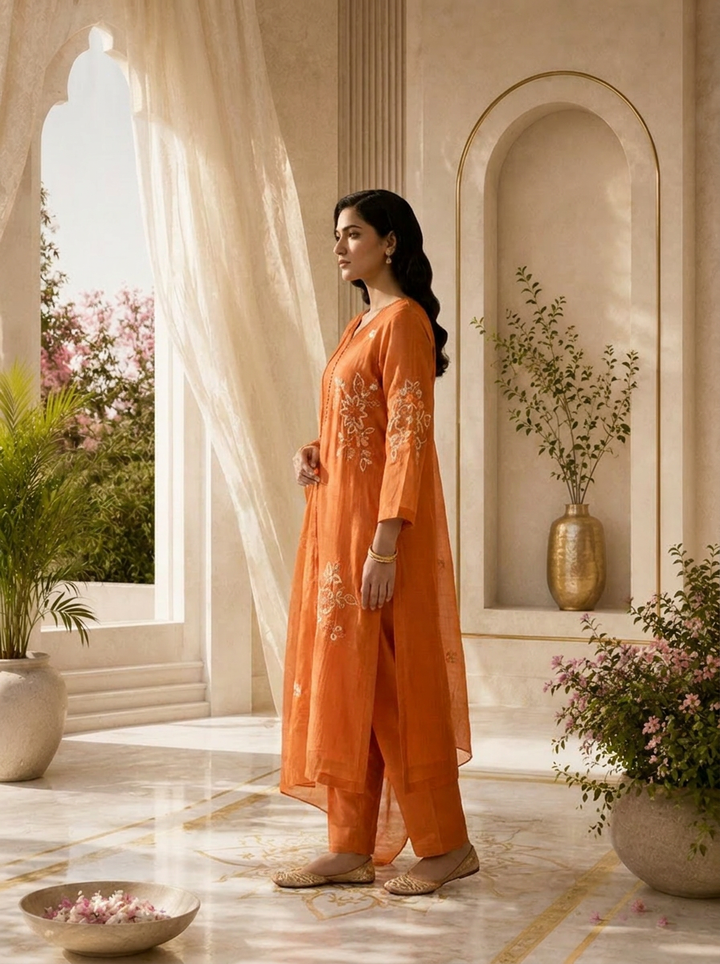 Orange Beads And Thread Embroidery Chanderi Three Piece Set