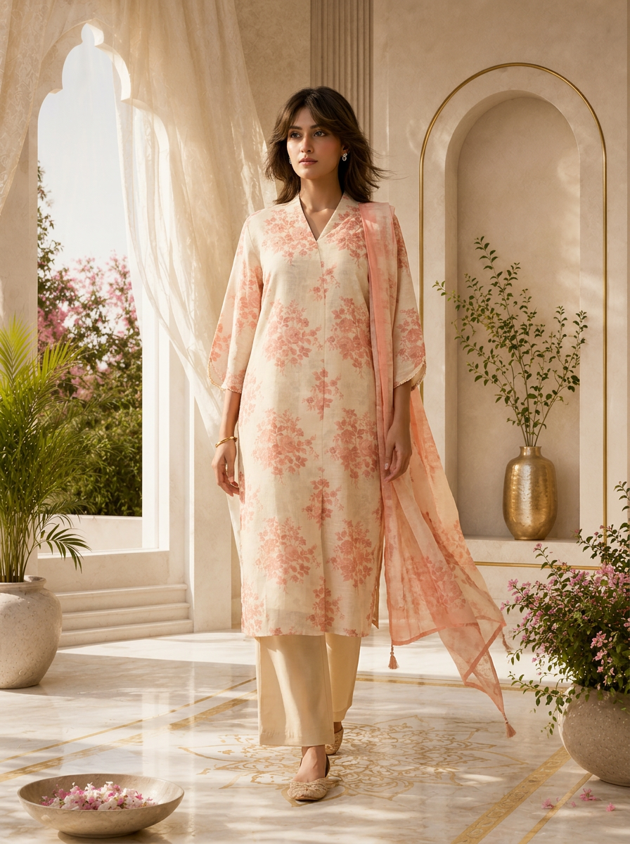 Peach Linen Printed Three Piece Set