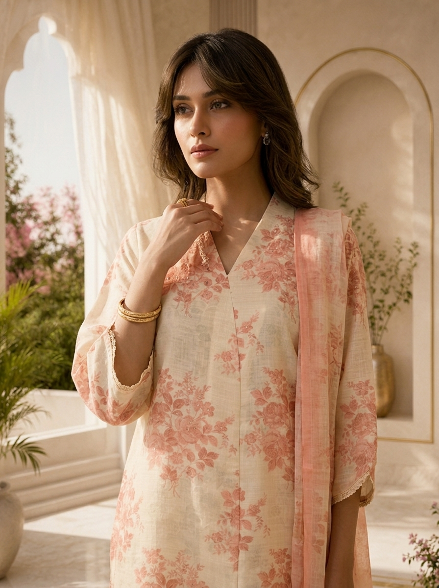 Peach Linen Printed Three Piece Set