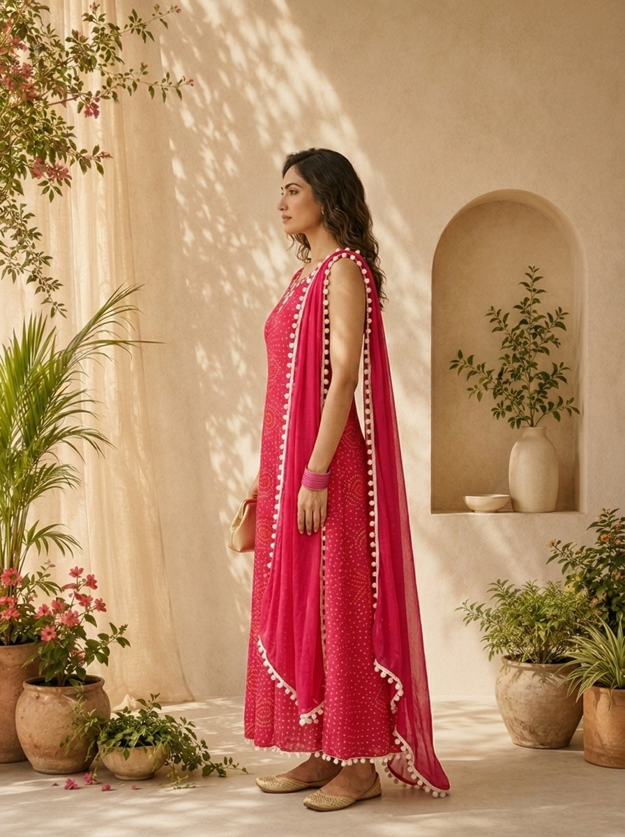 Magenta Georgette  Bandani Printed And Mirror Embroidery Three Piece Set