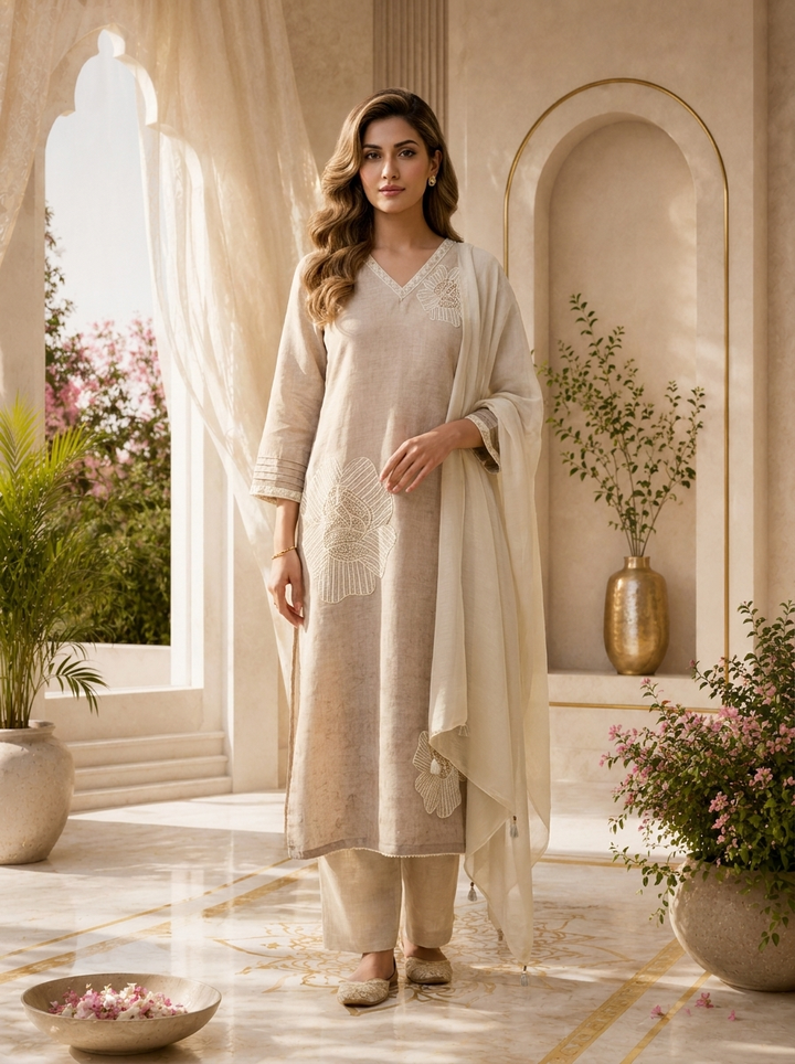 Beige Linen Floral Patch Embroidered Three Piece Set