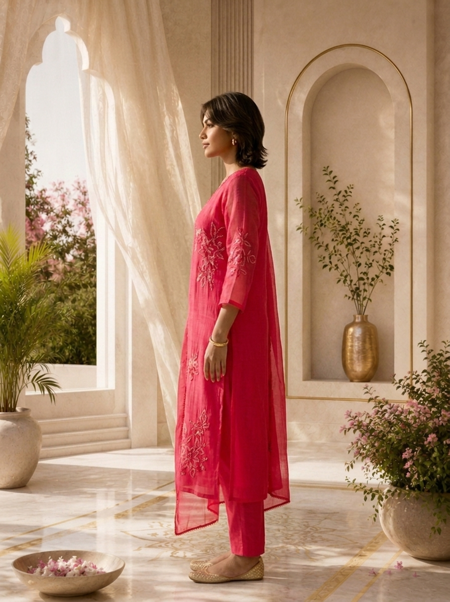 Magenta Beads And Thread Embroidery Chanderi Three Piece Set