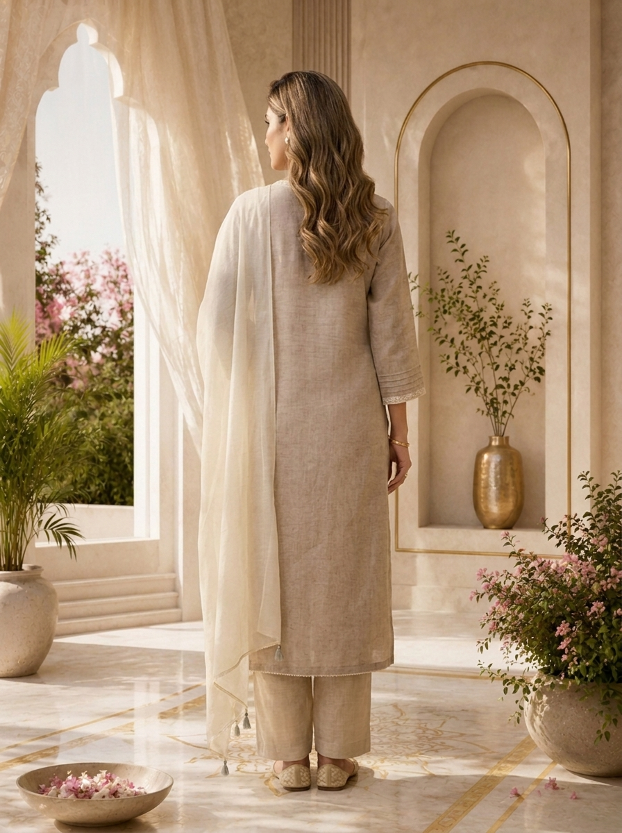 Beige Linen Floral Patch Embroidered Three Piece Set