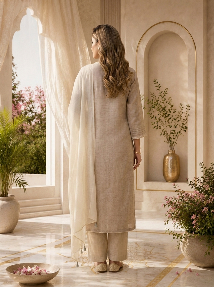 Beige Linen Floral Patch Embroidered Three Piece Set