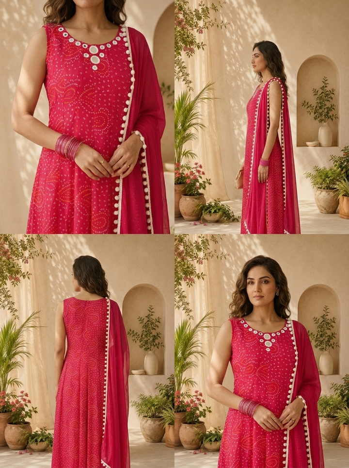Magenta Georgette  Bandani Printed And Mirror Embroidery Three Piece Set