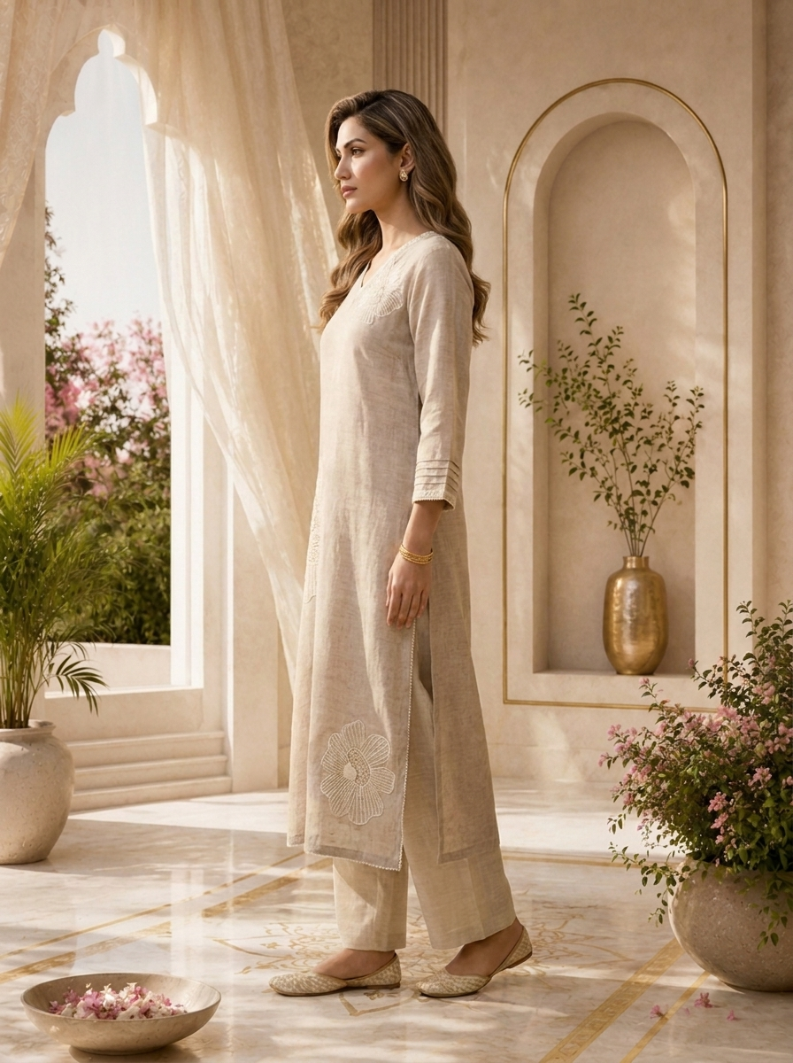 Beige Linen Floral Patch Embroidered Three Piece Set