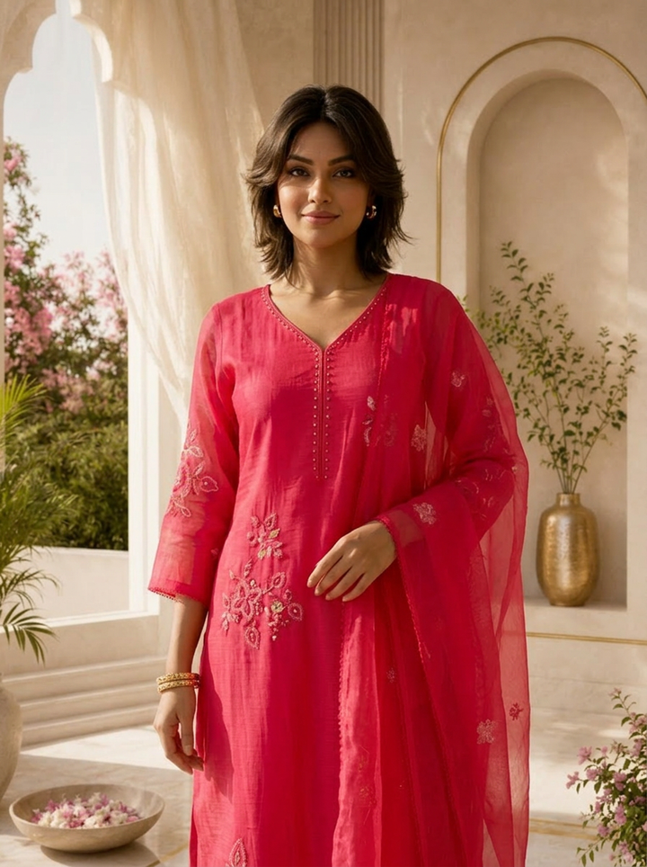 Magenta Beads And Thread Embroidery Chanderi Three Piece Set