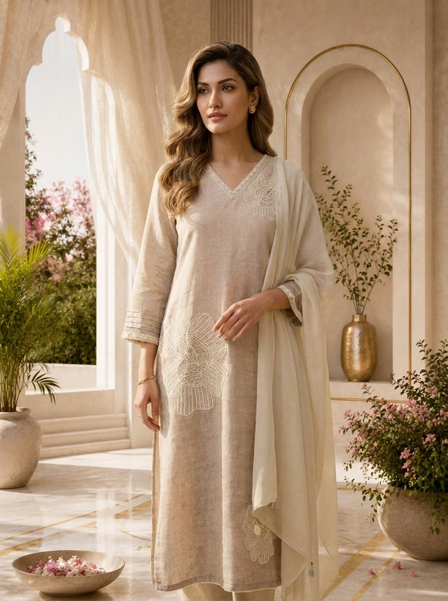 Beige Linen Floral Patch Embroidered Three Piece Set