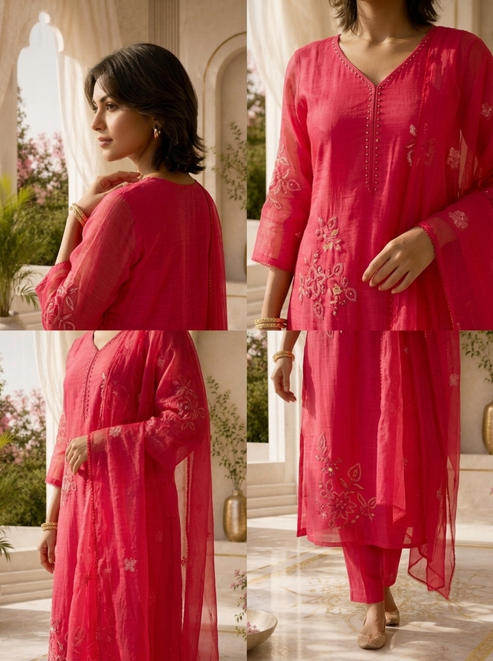 Magenta Beads And Thread Embroidery Chanderi Three Piece Set