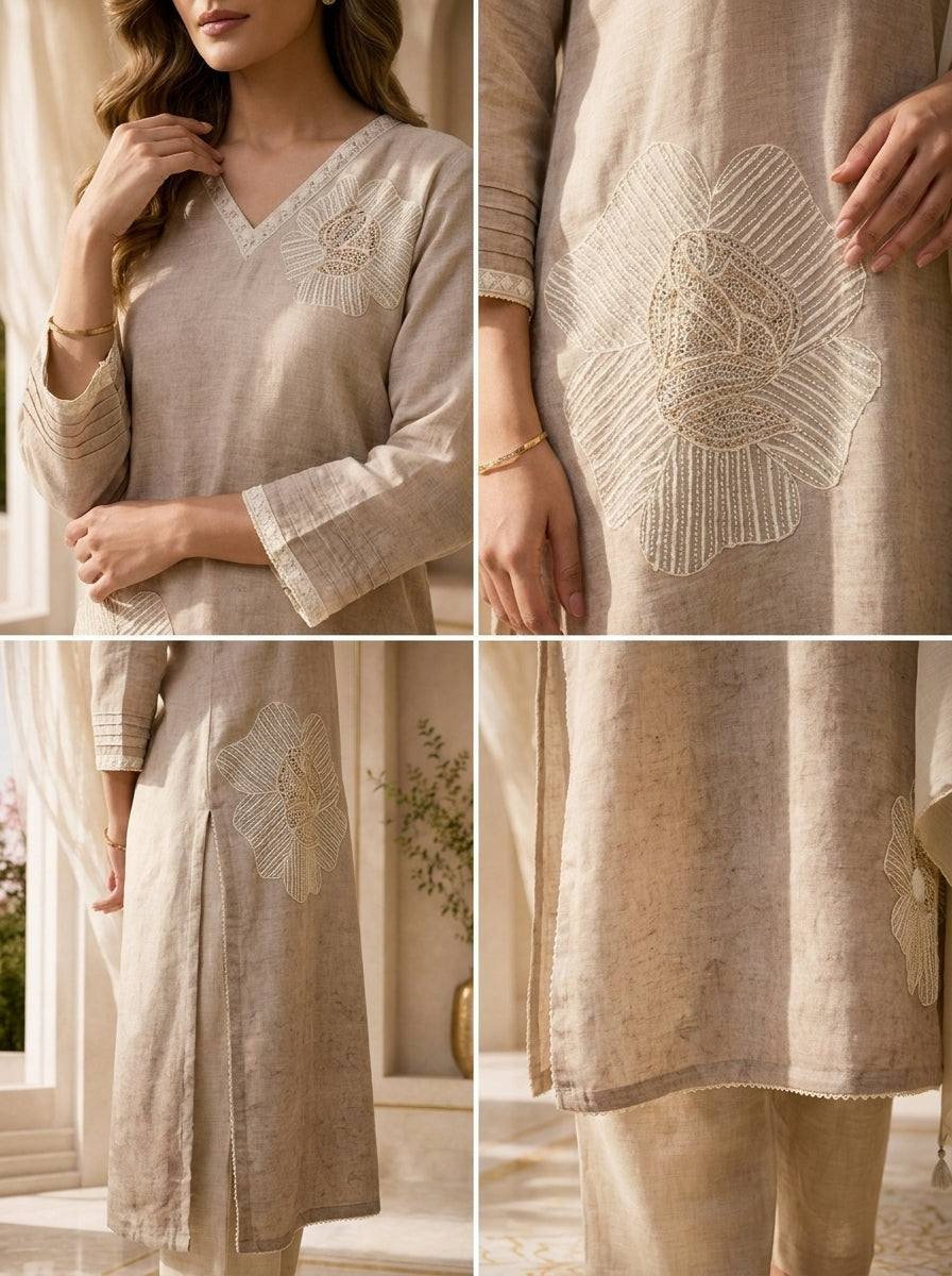 Beige Linen Floral Patch Embroidered Three Piece Set