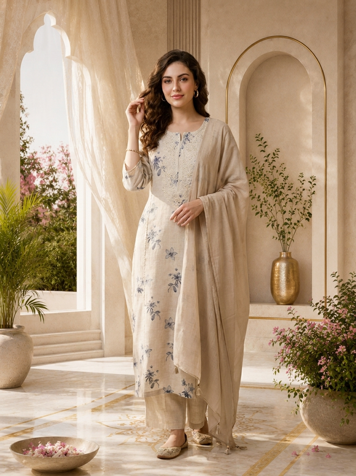 Purple And Beige Thread Embroidery And Printed Linen Two Piece Set