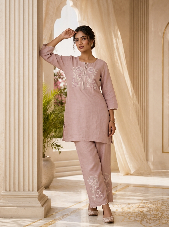 Baby Pink Floral Thread Embroidery Linen Two Piece Set