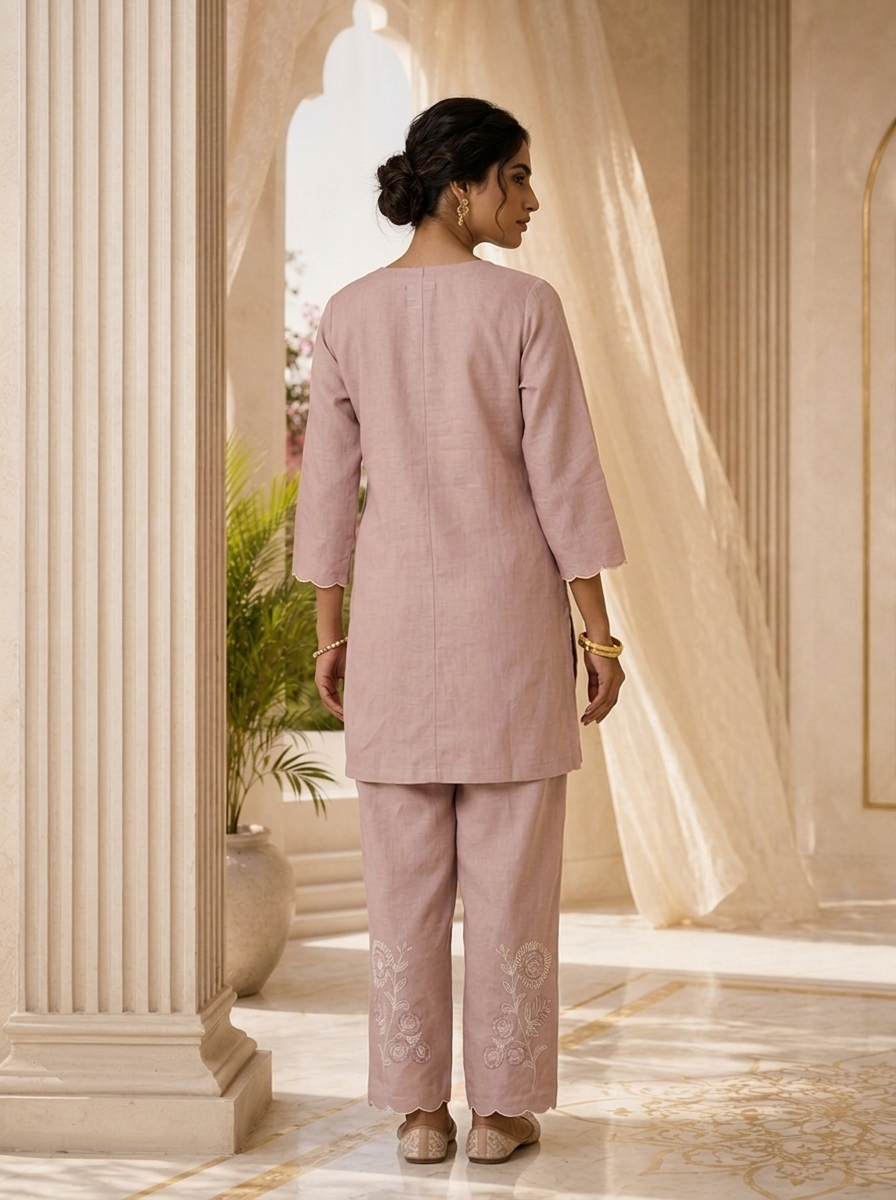 Baby Pink Floral Thread Embroidery Linen Two Piece Set