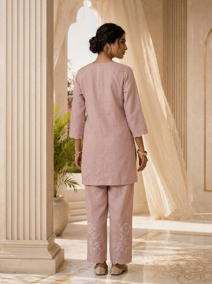 Baby Pink Floral Thread Embroidery Linen Two Piece Set