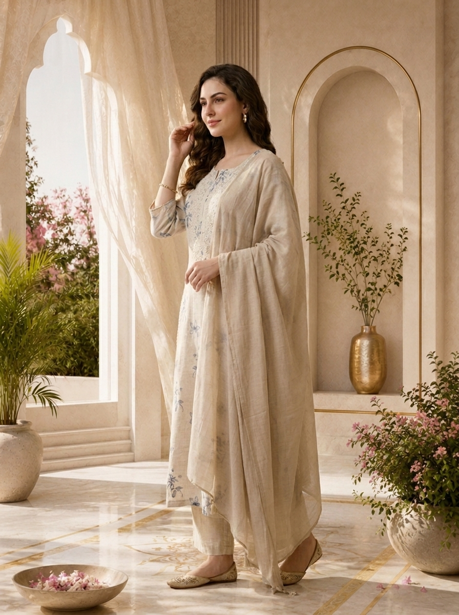 Purple And Beige Thread Embroidery And Printed Linen Two Piece Set