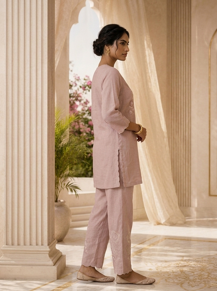 Baby Pink Floral Thread Embroidery Linen Two Piece Set