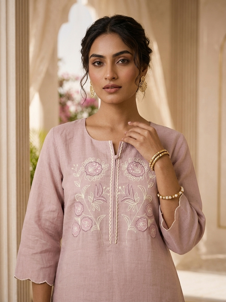 Baby Pink Floral Thread Embroidery Linen Two Piece Set