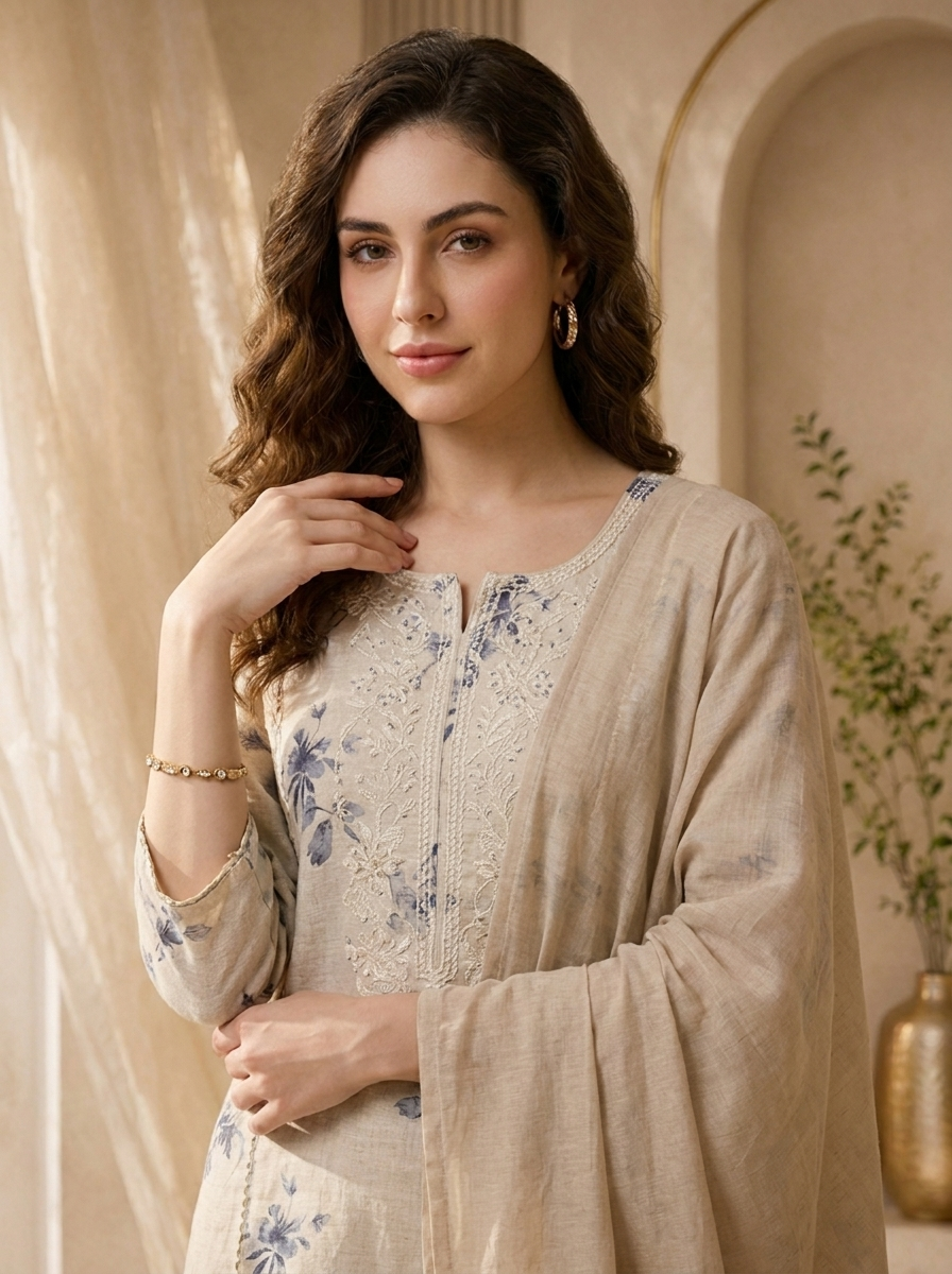 Purple And Beige Thread Embroidery And Printed Linen Two Piece Set