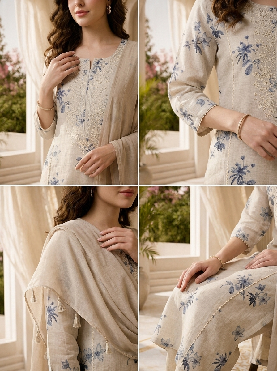 Purple And Beige Thread Embroidery And Printed Linen Two Piece Set