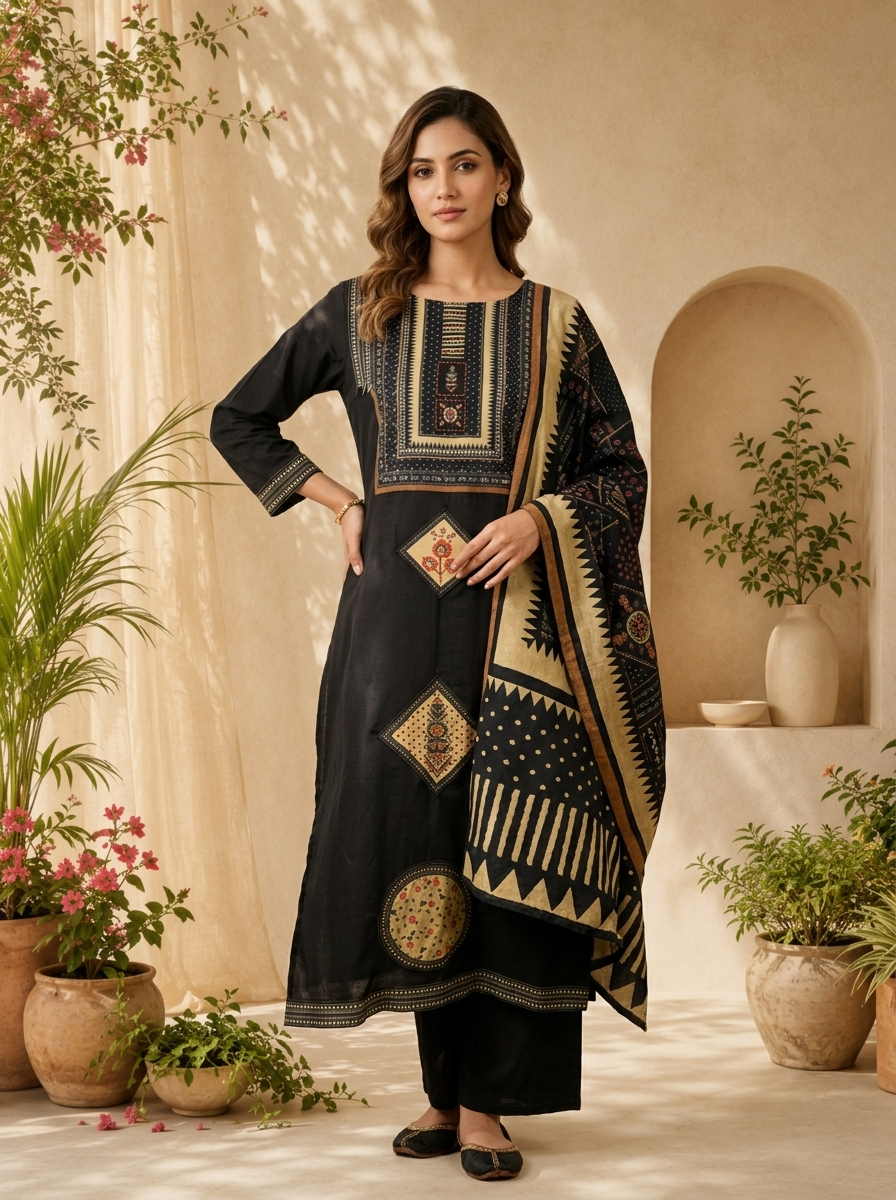 Black Cotton Beads And Patch Embroidery Three Piece Set