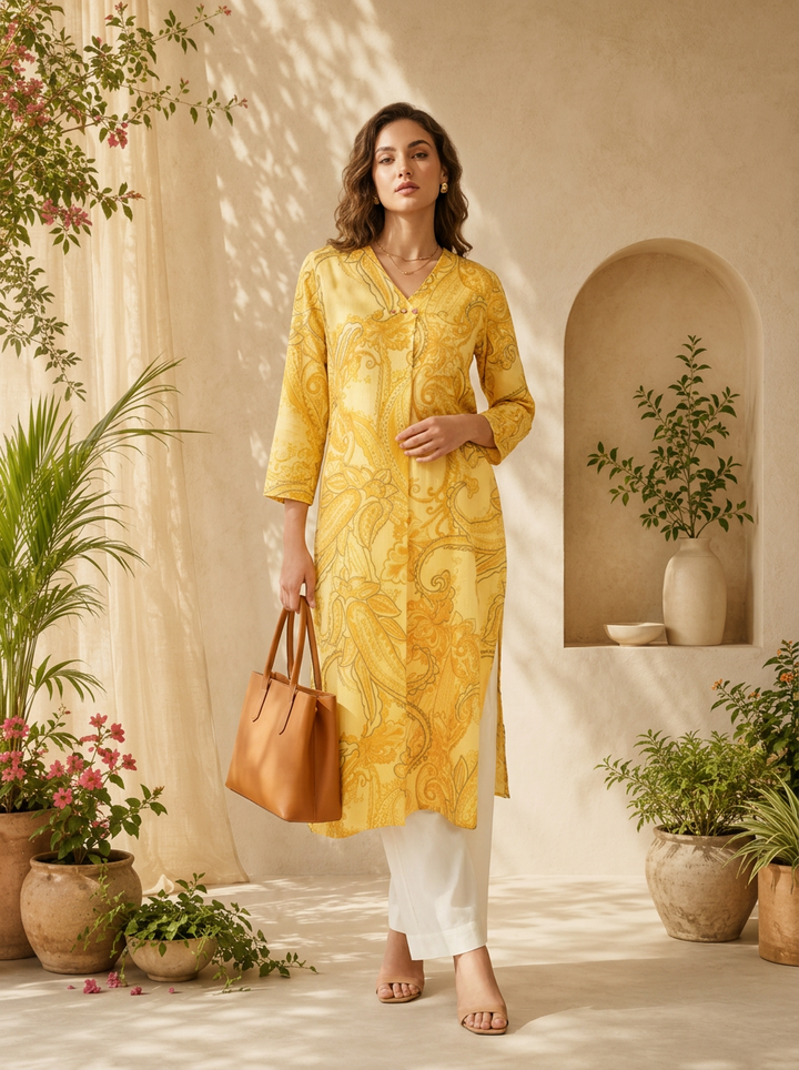 Yellow Cotton Heavy Paisley Printed Kurta