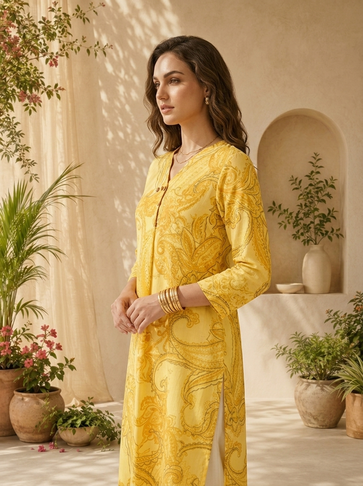 Yellow Cotton Heavy Paisley Printed Kurta